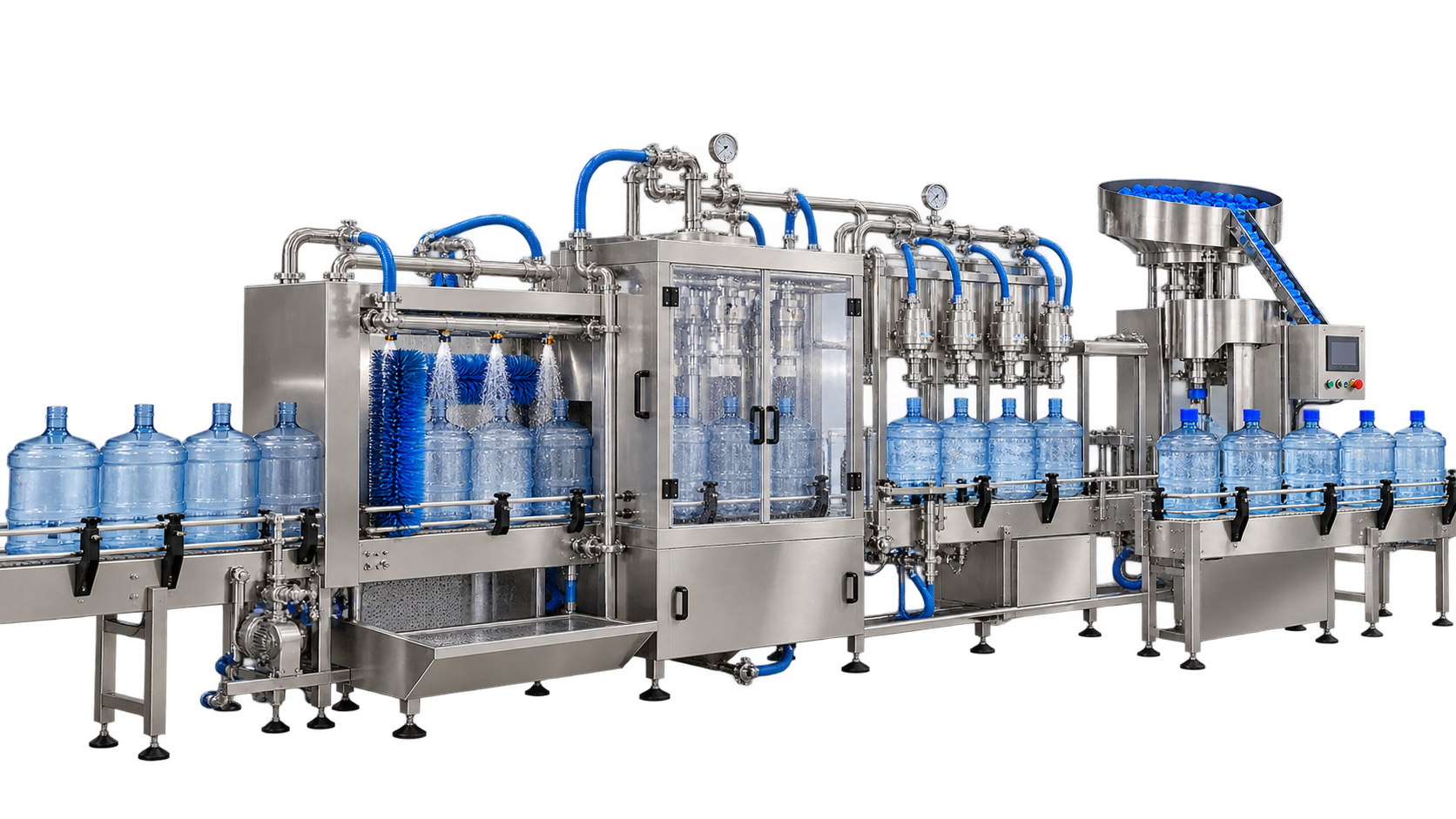 Generated hygienic bottle washing, rinsing, filling, and capping line