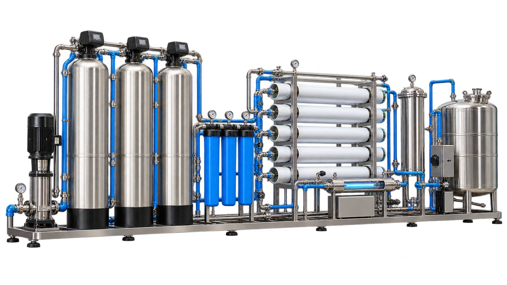 Generated commercial reverse osmosis treatment system with pretreatment vessels, cartridge filters, membrane rack, UV treatment, and product tank
